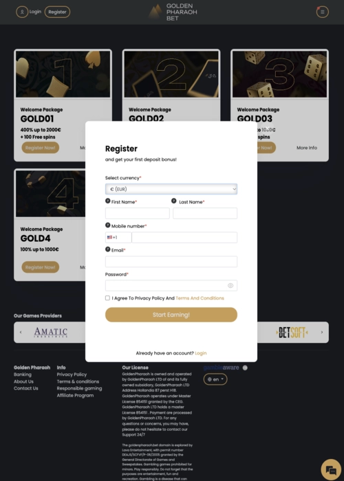Fast player registration interface Golden Pharaoh Casino